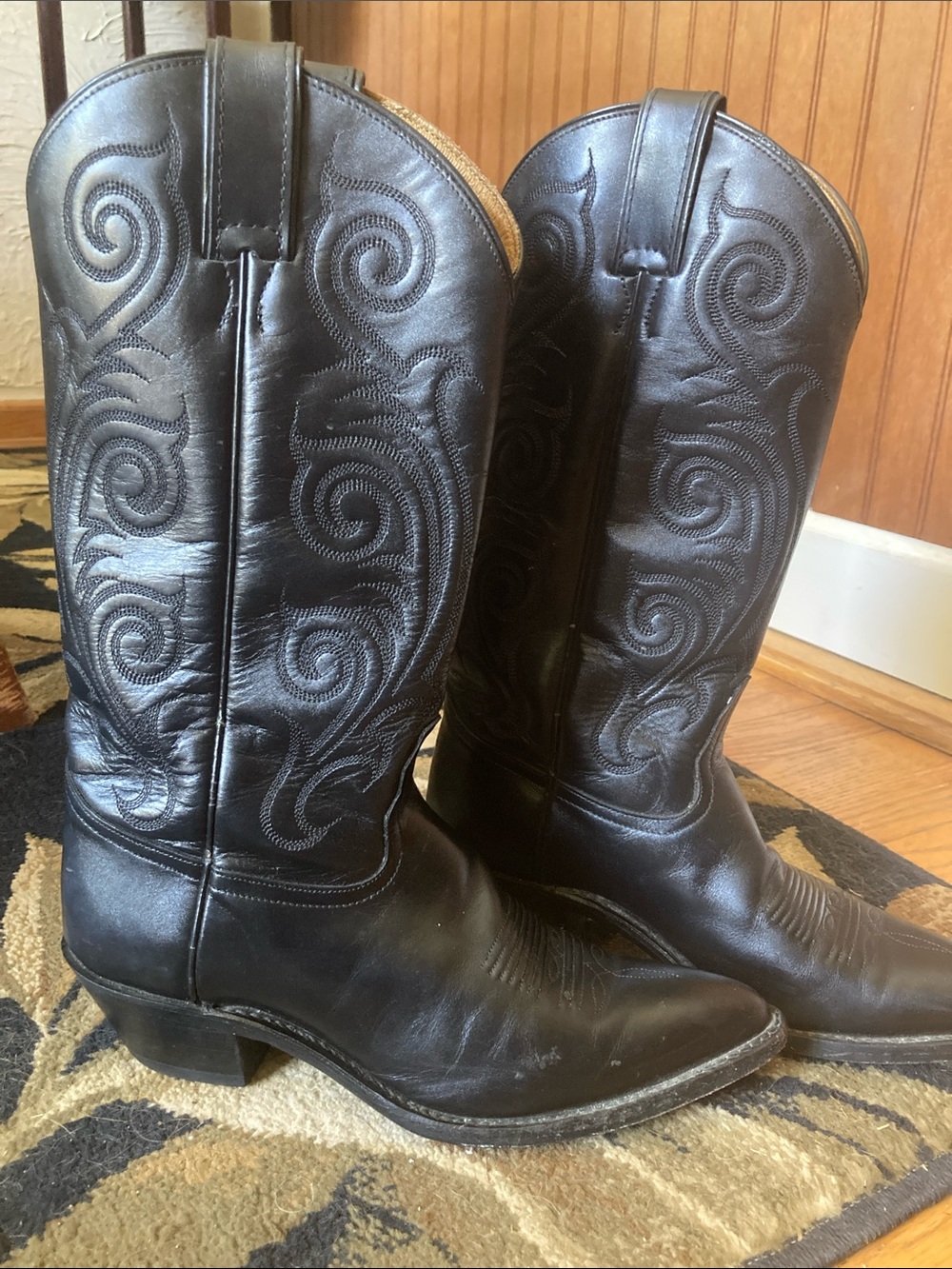 Tony Lama Black Leather Cowboy Boots with Embroidered Inner Shaft